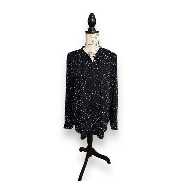 Loft Long Sleeve Collarless Button Down Blouse Navy Blue White Polka Dot Large - Picture 1 of 6